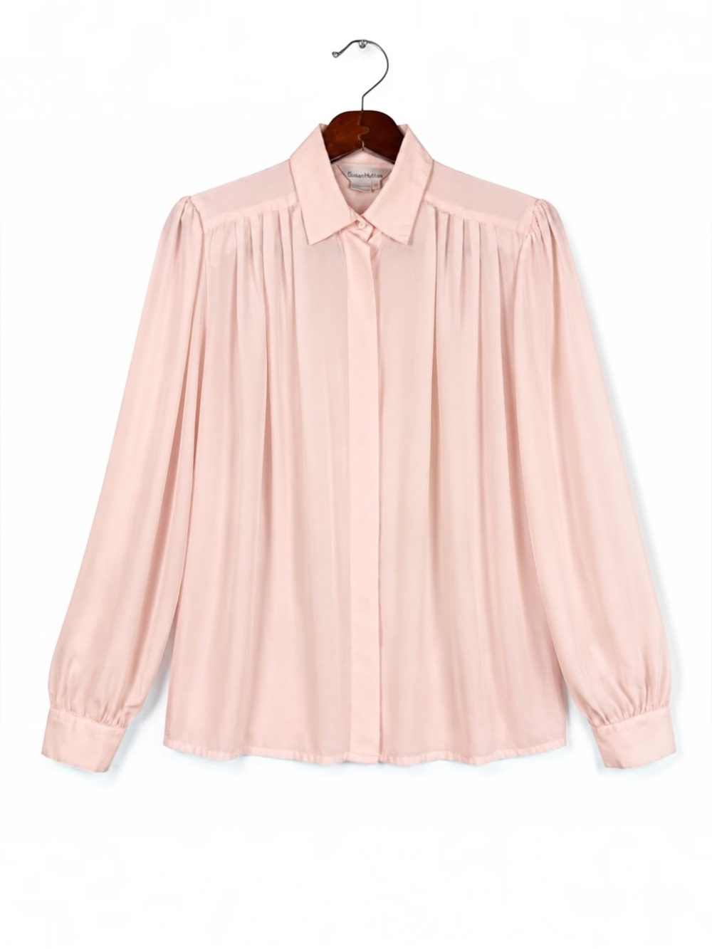 Vintage Susan Hutton Blush Pink Pleated Sheer Blouse 12 Shoulder Pads
